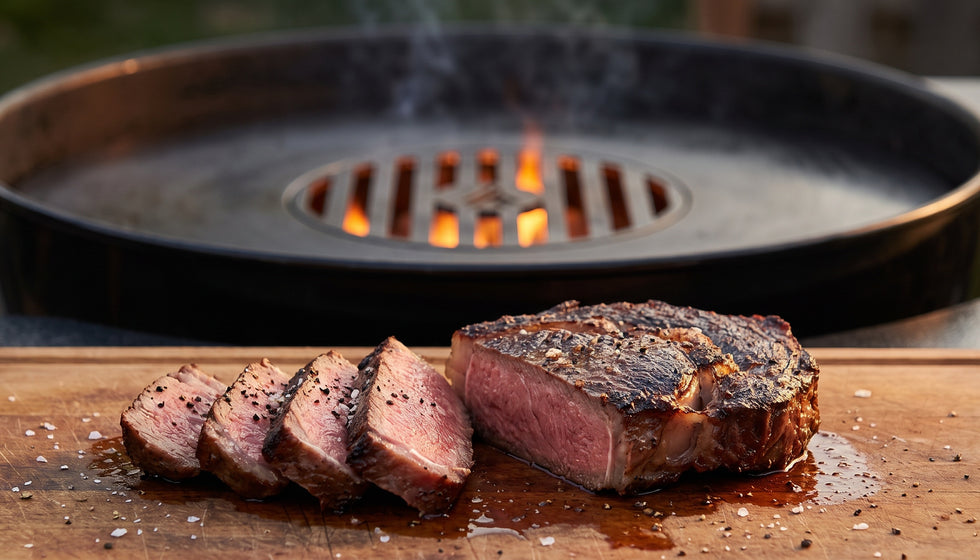 Sliced medium-rare ribeye on a cutting board in front of a charcoal kettle grill fitted with the Arteflame flat-top kit